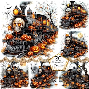 Paquete de imágenes prediseñadas de locomotora vintage de tren de Halloween con acuarela JPEG, descarga instantánea, papel, manualidades, diario basura, álbumes de recortes