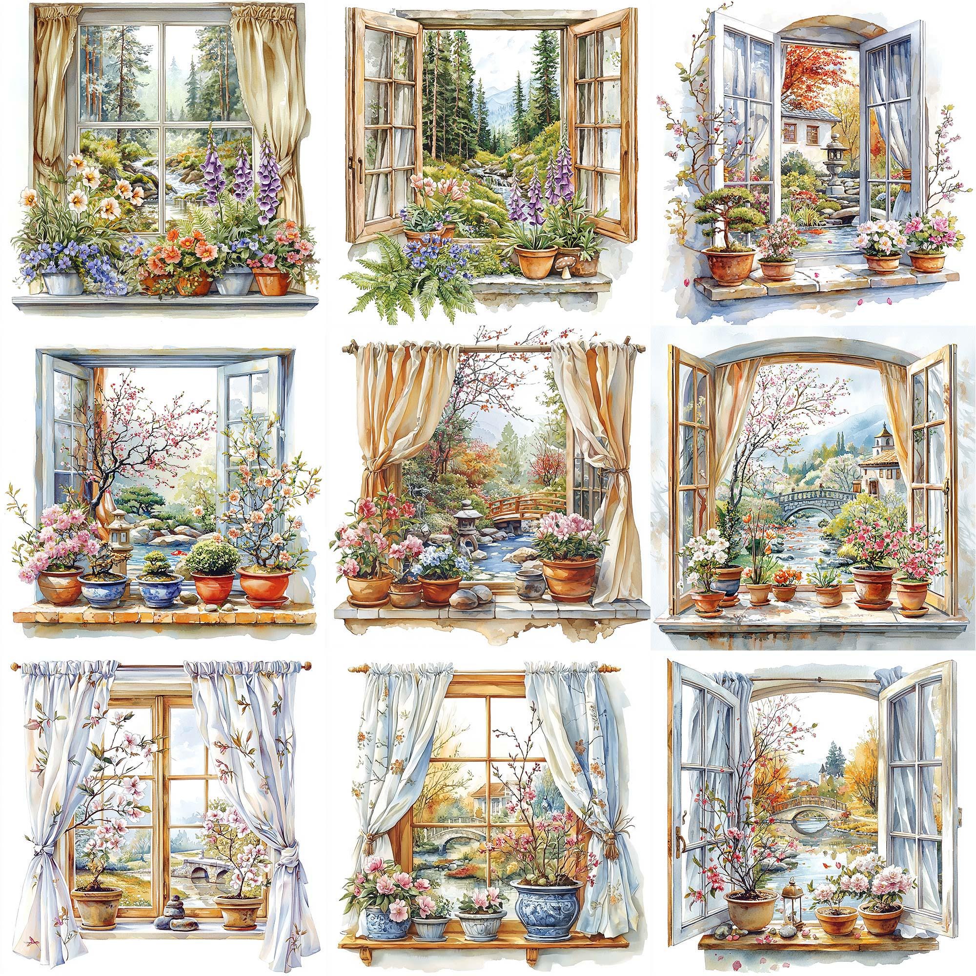 JPEG Watercolor Floral Window Clipart Bundle Spring Autumn Winter ...