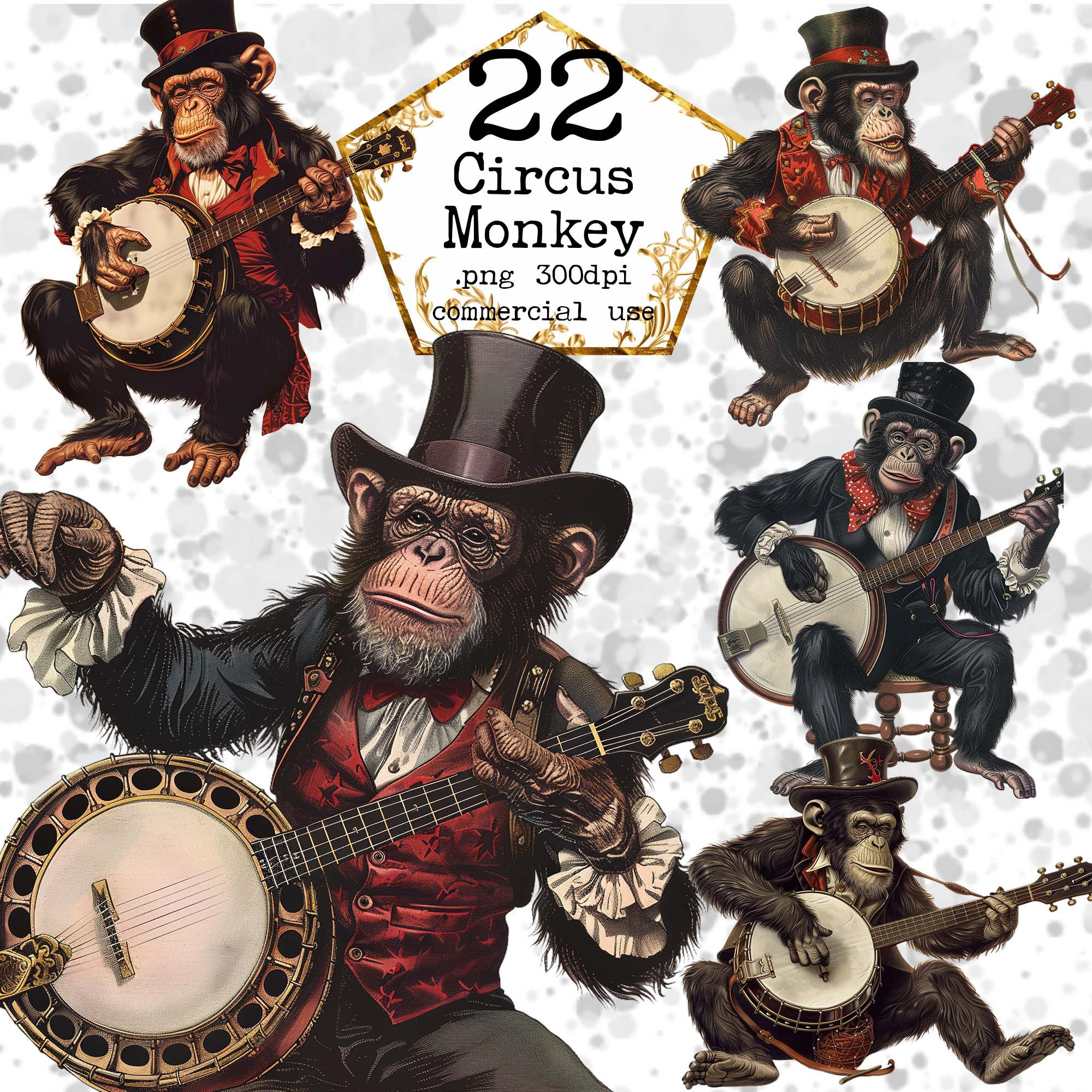 Victorian Vintage Circus Monkey Watercolor Clipart, Victorian