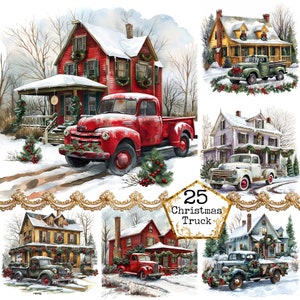 Chalet d'hiver aquarelle JPEG et un camion Clipart hiver JPEG Clipart Noël Téléchargement instantané Artisanat en papier Journal indésirable Scrapbooking