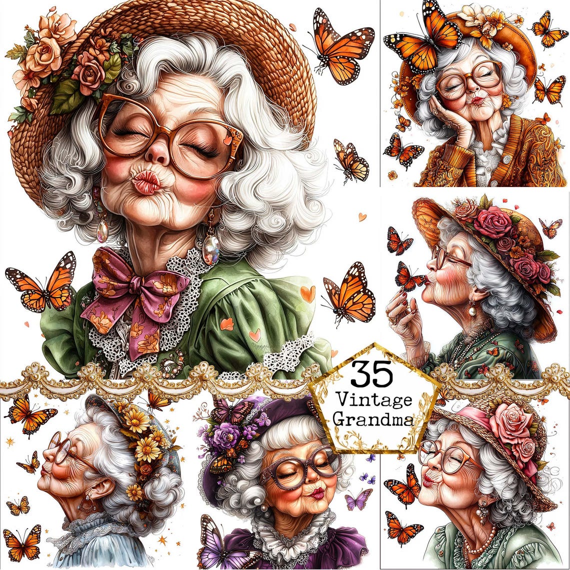 JPEG Watercolor Elderly Lady With Butterflies Clipart Bundle Spring ...
