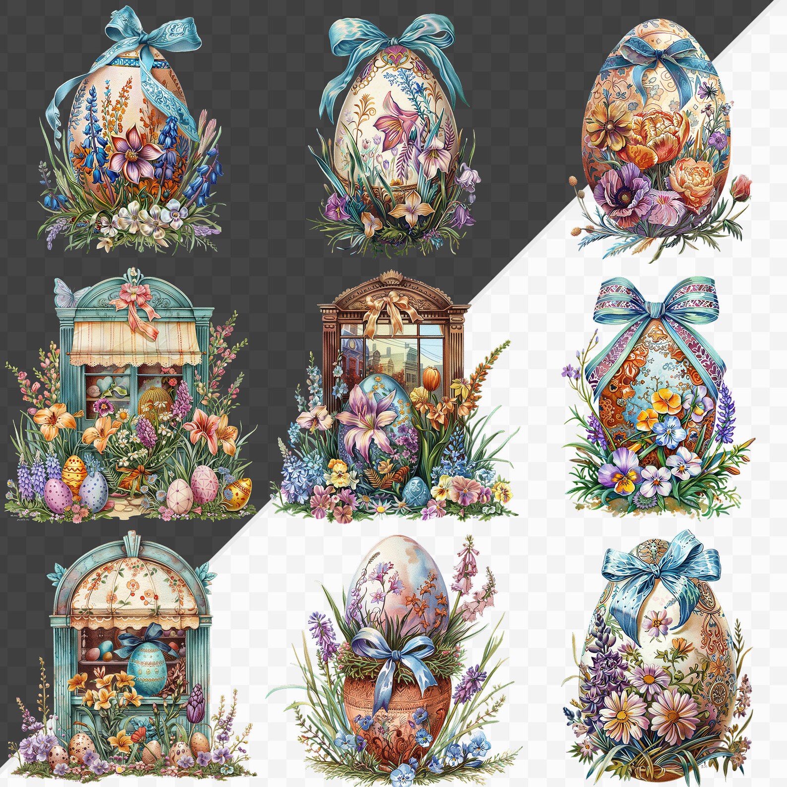 Watercolor Easter Eggs Clipart Bundle Spring Flowers Png Easter Rabbit ...