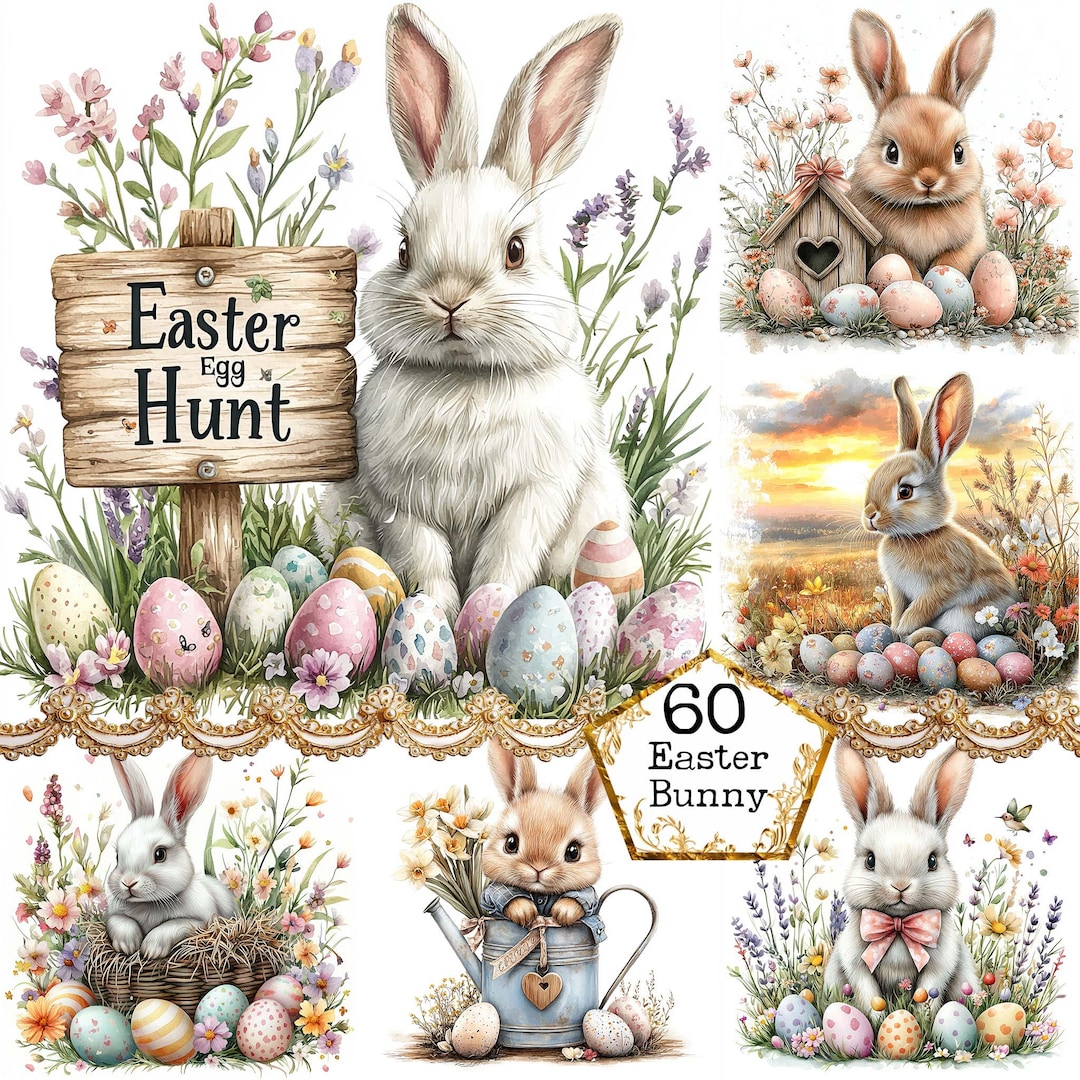 JPEG Watercolor Easter Rabbit Clipart Bundle Cute Bunny Clipart Spring ...
