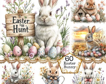 May include: A set of six digital images featuring cute bunnies and Easter eggs. The images include a white bunny sitting on a bed of eggs, a brown bunny sitting in front of a birdhouse, a brown bunny sitting in a field at sunset, a white bunny sitting in a basket, a brown bunny holding a watering can, and a white bunny with a bow sitting in a field of flowers. The images are perfect for crafting, scrapbooking, and other creative projects.