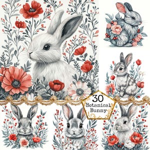 JPEG floral lapin Clipart Bundle Art semi primitif lapin de Pâques Clipart fleurs sauvages téléchargement immédiat Paper Craft Junk Journal Scrapbooking