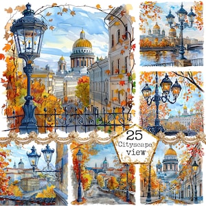 JPEG aquarel schets stad met lantaarns clipart bundel JPEG straat herfst stad Instant Download papier ambachten ongewenste dagboek scrapbooking