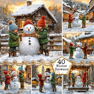Imagens de boneco de neve e crianças em JPEG para scrapbook, gráficos de inverno, impressão festiva, cottagecore, download instantâneo, artesanato em papel, diário de sucata, scrapbooking