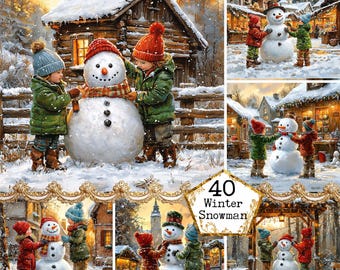 JPEG Snowman and Kids Scrapbook Images Winter Graphics Festive Printable Cottagecore Instant Download Paper Crafts Junk Journal Scrapbooking