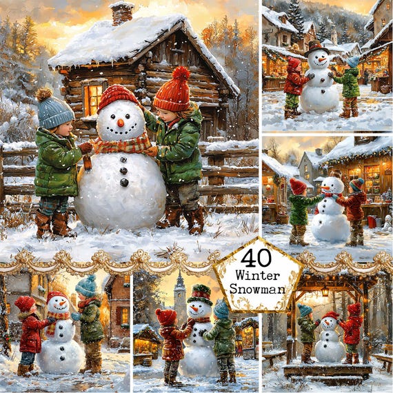 JPEG Snowman and Kids Scrapbook Images Winter Graphics Festive Printable Cottagecore Instant Download Paper Crafts Junk Journal Scrapbooking