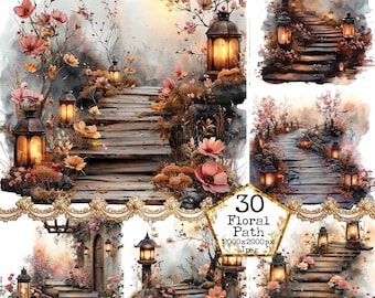 JPEG Watercolor Rustic Wooden Pathway with Lanterns Clipart Bundle JPEG Pink Flowers Instant Download Paper Crafts Junk Journal Scrapbooking
