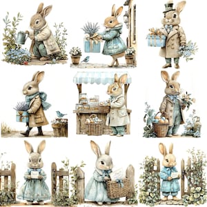 a set of four pictures of rabbits in different outfits