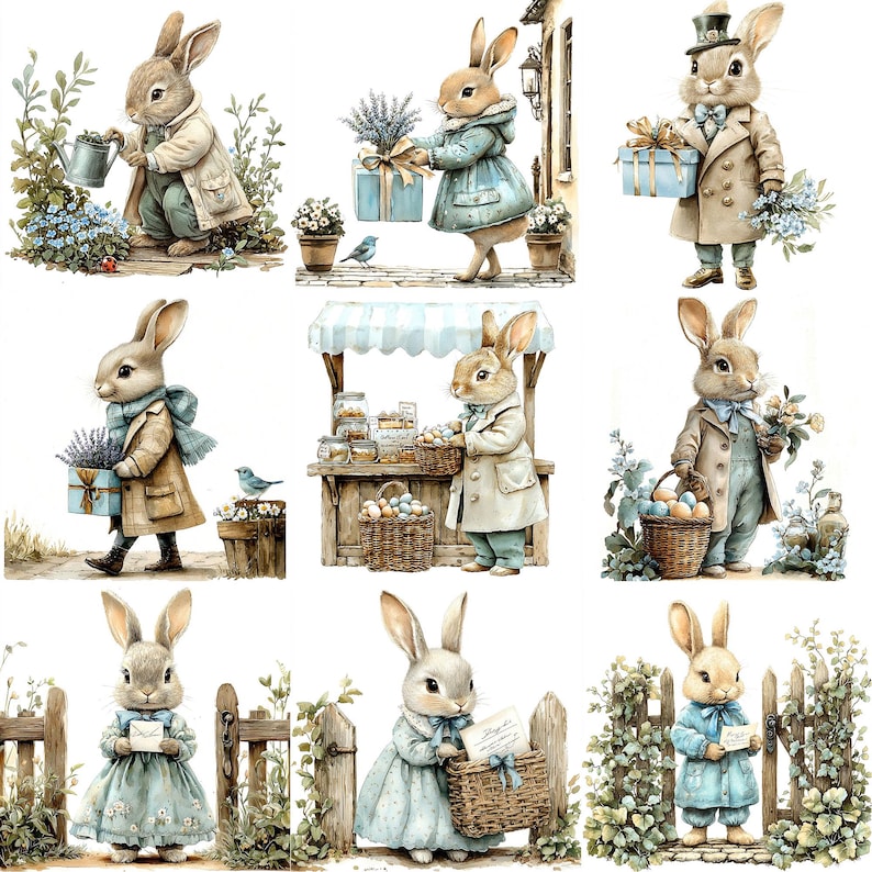a set of four pictures of rabbits in different outfits