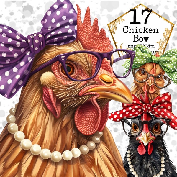 Funny Chicken with Red Bow and Glasses PNG Sublimation Design for Commercial Use Instant Download Paper Crafts Junk Journal Scrapbooking
