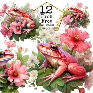 Aquarelle PNG grenouilles roses Clipart grenouille mignonne Floral Clip Art PNG usage commercial Téléchargement instantané artisanat en papier Junk Journal Scrapbooking
