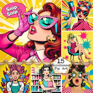 Paquete de chica de arte pop con diseño de cómic retro de JPG, peluquero, chica de arte pop, chica de arte pop, chica de arte retro, chica de cómic, descarga instantánea, manualidades de papel, diario basura