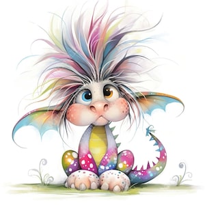 May include: A whimsical cartoon dragon with a colorful, spiky hairstyle and mismatched eyes. The dragon has a pink snout, large ears, and a rainbow-colored tail and wings. It is sitting on a patch of green grass.