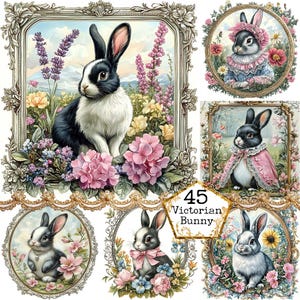 Ensemble de cliparts JPEG aquarelle Sping Vistorian Rabbit, lapin mignon Clipart image de printemps Téléchargement instantané Paper Craft Junk Journal Scrapbooking