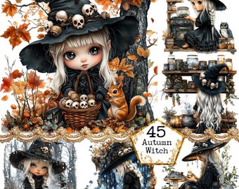 JPEG Watercolor Little Pumpkin Witch Clipart Bundle Halloween Clipart Magic Potion Instant Download Paper Crafts Junk Journal Scrapbooking