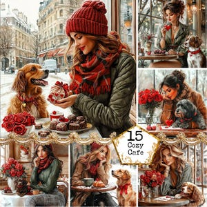 JPEG Valentine's Girl with a Dog Graphics Valentine's Day Cafe Love Images besties Instant Download Paper Crafts Junk Journal Scrapbooking