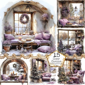 JPEG Accogliente Casa di Natale JPEG Accogliente Camino ad angolo Divano Finestra Uso commerciale Download immediato Artigianato di carta Junk Journal Scrapbooking