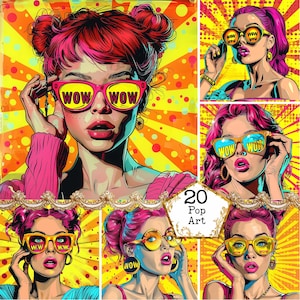 JPEG Pop Art Poster Mädchen mit WOW Text Bundle JPEG Sonnenbrille Retro Clipart Sofortdownload Papier Handwerk Junk Journal Scrapbooking