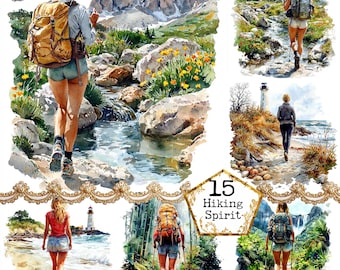 JPEG Watercolor Hiking Woman Clipart Bundle Nature Clipart Mountain Clipart Instant Download Paper Crafts Junk Journal Scrapbooking