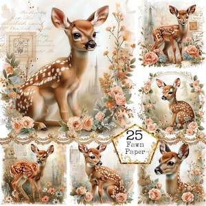 JPEG acuarela Shabby Chic Fawn Floral Scrapbooking Papeles Scrapbook Suministro Animal Descarga instantánea Artesanías de papel Diario basura Scrapbooking