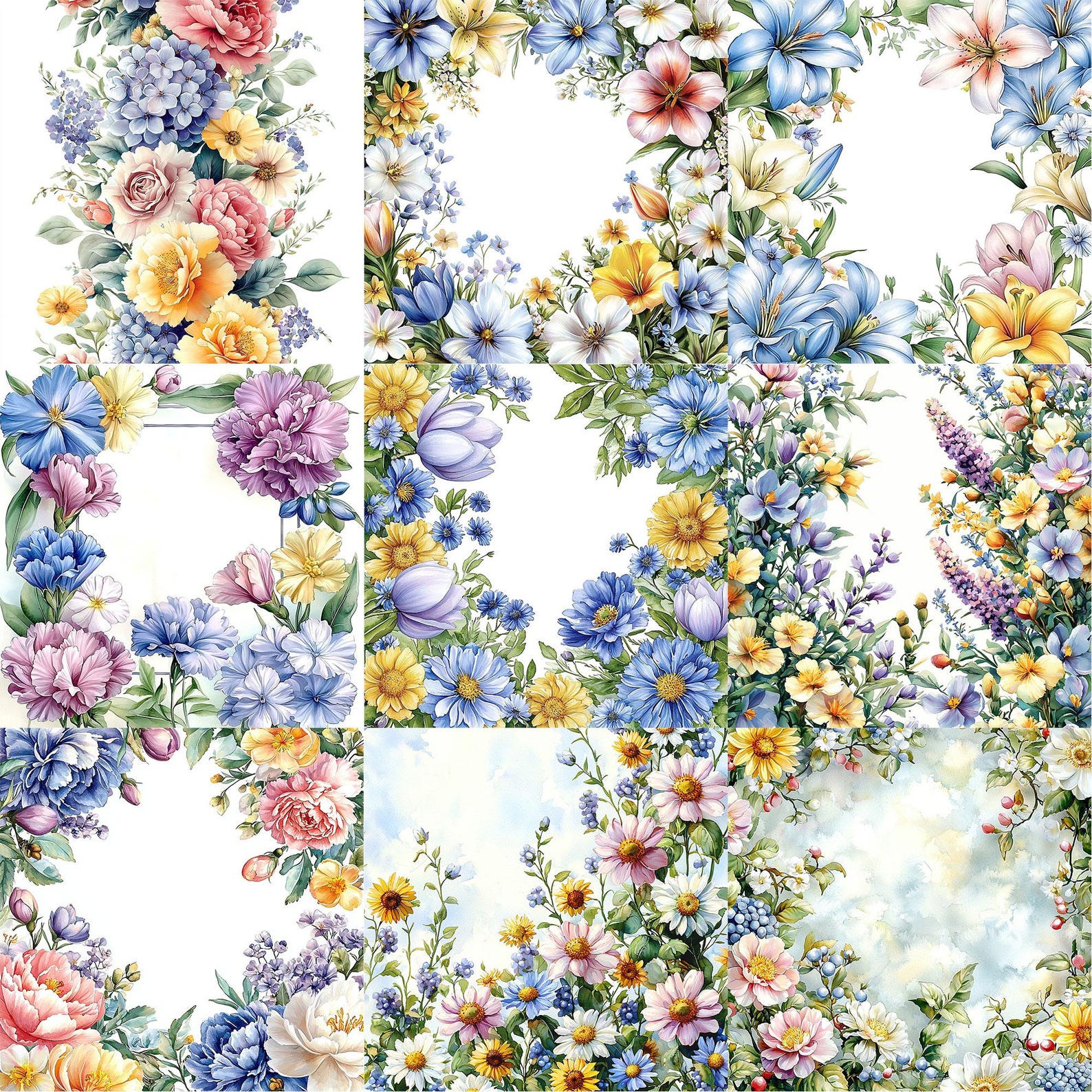 JPG Watercolor Spring Floral Frames Clipart Bundle Floral Backgrounds ...
