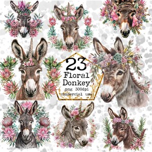 Bundle de cliparts licorne âne aquarelle PNG Clipart animaux floraux Clipart floral Téléchargement instantané Artisanat en papier Journal indésirable Scrapbooking