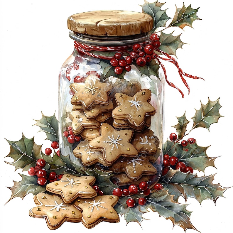 May include: A glass jar filled with star-shaped gingerbread cookies decorated with white icing and gold sprinkles. The jar is tied with red and white twine and surrounded by holly sprigs with red berries.