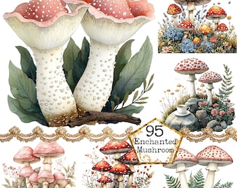 PNG + JPEG Watercolor Forest Mushroom Clipart Bundle Magical Mushroom Woodland Image Instant Download Paper Crafts Junk Journal Scrapbooking