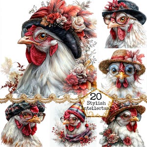 Poule aquarelle JPEG avec un chapeau vintage Clipart Bundle poulet vintage chapeau vintage Téléchargement instantané artisanat en papier Junk Journal Scrapbooking