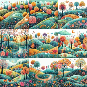 a painting of a landscape with trees and hills