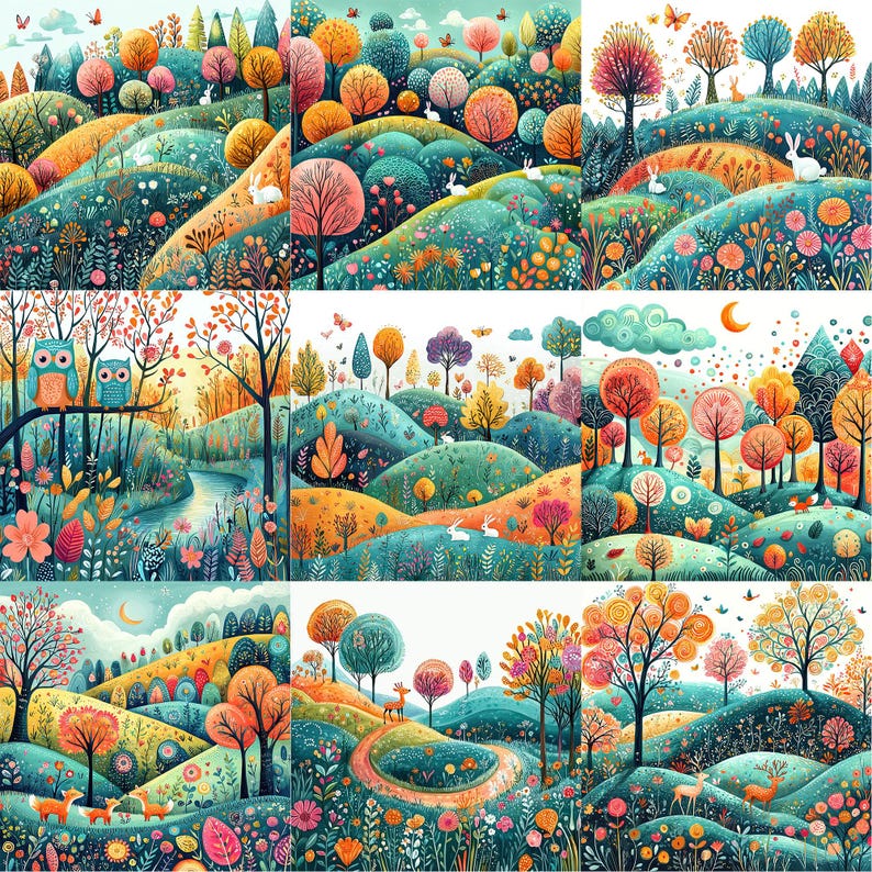 a painting of a landscape with trees and hills