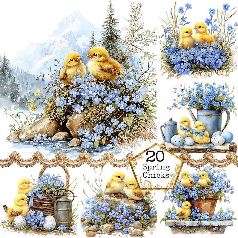 May include: A digital collage of 20 spring chicks, each surrounded by blue forget-me-not flowers. The chicks are yellow and fluffy, and the flowers are arranged in a variety of patterns. The text "20 Spring Chicks" is displayed in the center of the image.