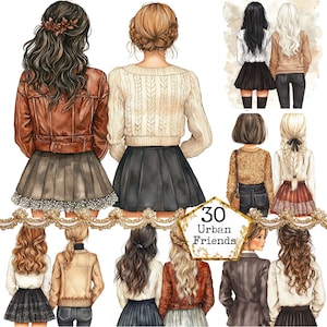 Paquete de imágenes prediseñadas de mejores amigos con ropa urbana en acuarela JPEG Imágenes prediseñadas de amistad de mejores amigos Descarga instantánea Manualidades con papel Diario basura Scrapbooking