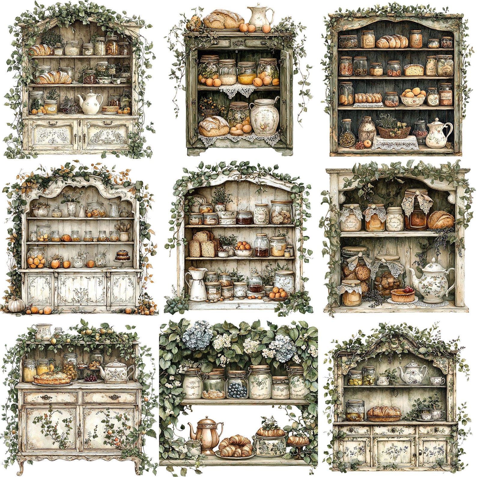 PNG + JPEG Watercolor Vintage Kitchen Cabinet Clipart Bundle Rustic ...
