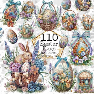 Bundle de cliparts aquarelle d'oeufs de Pâques fleurs printanières png Lapin de Pâques Panier de Pâques Téléchargement instantané Artisanat en papier Junk Journal Scrapbooking