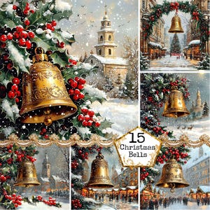 Campanas de pueblo de invierno en acuarela JPEG, imágenes prediseñadas instantáneas de invierno, imágenes navideñas, papel comercial, manualidades, revistas basura, álbumes de recortes