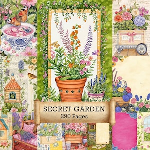 May include: A watercolour illustration with a secret garden theme. The image shows a large terracotta pot filled with colourful flowers, butterflies, and a scroll with the text "SECRET GARDEN 290 Pages". Other elements include a birdhouse, flowers in a wheelbarrow, and a teacup.
