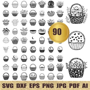 Könnte beinhalten: Ein Set mit 90 Schwarzweiß-Vektorillustrationen von Körben mit verschiedenen Designs. Die Körbe sind mit Blumen, Pilzen, Herzen und anderen dekorativen Elementen gefüllt. Die Illustrationen sind perfekt für Basteln, Scrapbooking und andere kreative Projekte.
