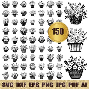 150 フローラルバスケット SVG バンドル フラワーバスケット png バスケットの中の花 壁飾り フローラルバスケット カットファイル フローラルバスケット dxf レーザーカットファイル
