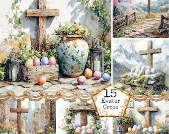 JPEG Watercolor Easter Cross Clipart Bundle Christian Clipart Easter Eggs Clipart Instant Download Paper Crafts Junk Journal Scrapbooking