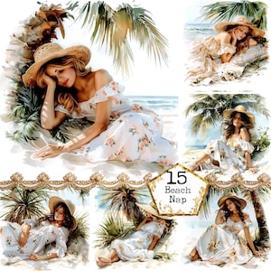 Paisaje de playa con un paquete de imágenes prediseñadas de niña JPEG Imágenes prediseñadas de verano Imágenes prediseñadas de mar Flor silvestre Descarga instantánea Artesanías de papel Diario basura Scrapbooking