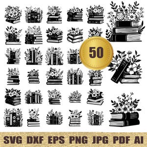 Books Svg Bundle Library svg Bookshelf Svg Books Clipart Books Cut Files For Cricut Book Vector Stack of books Svg Bookworm svg Floral Book