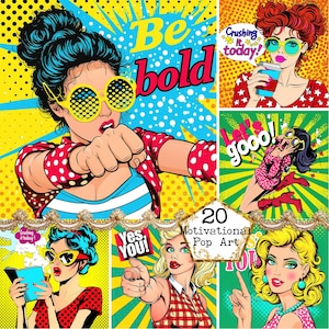JPG Pacchetto di ragazze pop art in stile fumetto retrò motivazionale Ragazza pop art Ragazza fumetto retrò Download immediato Carta artigianale Diario spazzatura Scrapbooking