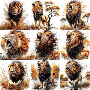 May include: A collage of nine images featuring roaring lions in various poses. The lions are depicted in a natural setting with brown grass and trees. The lions have a mane of brown and black fur.