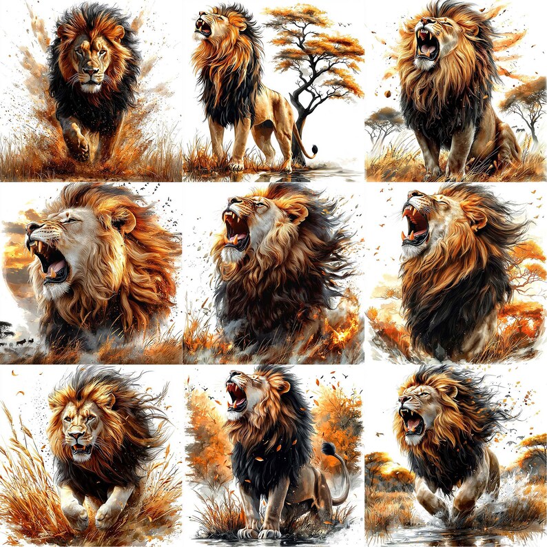 May include: A collage of nine images featuring roaring lions in various poses. The lions are depicted in a natural setting with brown grass and trees. The lions have a mane of brown and black fur.