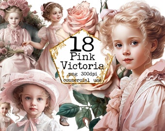 Pink Watercolour Vintage Little Girl Clipart set Fashion Girl PNG Digital, Card Making Scrapbook Junk Journal Paper Crafts, commercial use