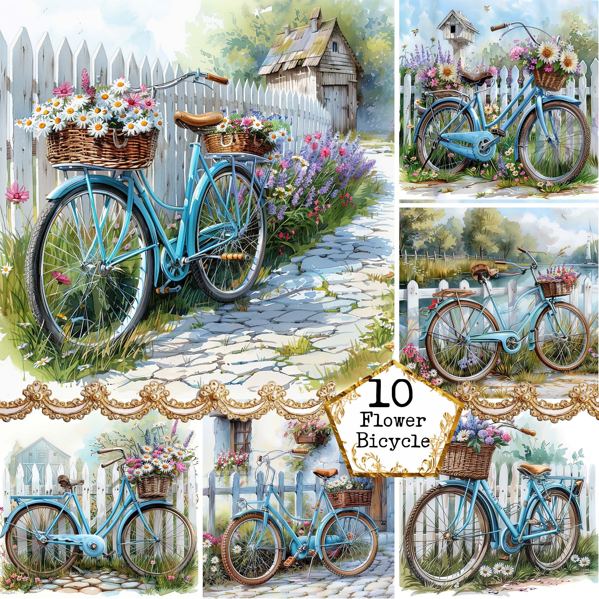 JPEG Bicycle with Flowers in Basket, Rural Scenery, Clipart Bundle JPEG Instant Download, Scrapbook, Junk Journal, Paper Crafts commercial